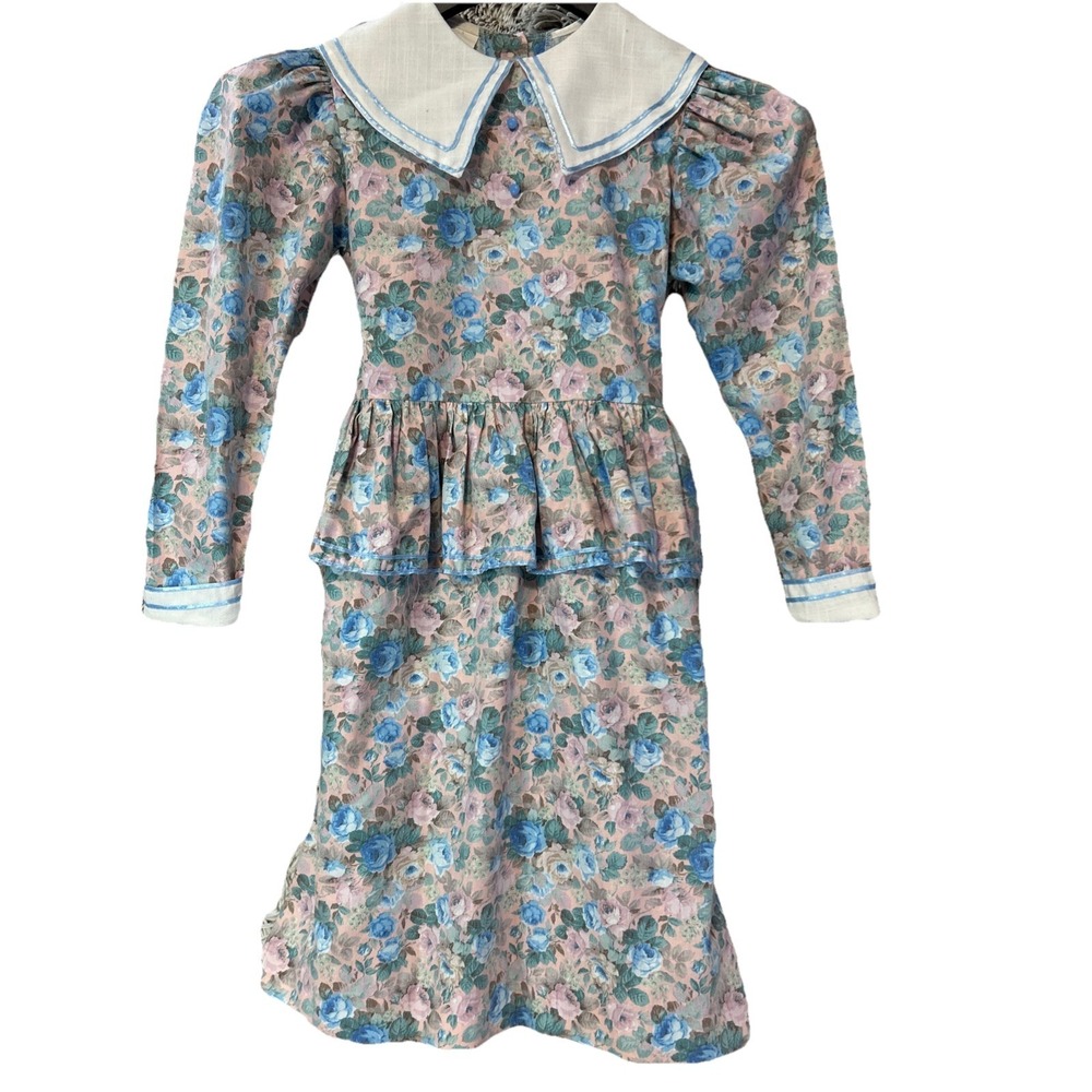 Vtg Debut Prairie Dress‎ Girls Size 7 Ruffled Floral Cottagecore USA Long Sleeve